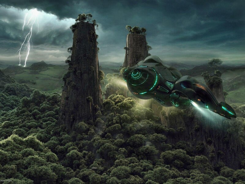 Futuristic Spacecraft — Green, Dramatic, Night, Digital Art, Lightning