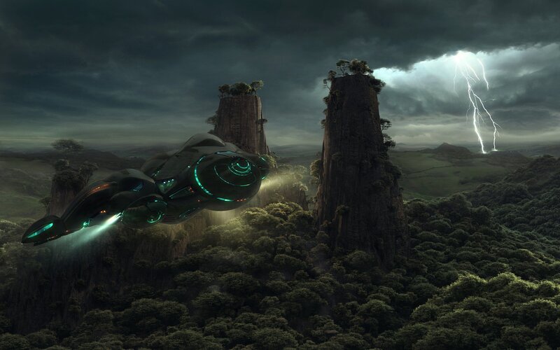 Futuristic Spacecraft — Green, Dramatic, Night, Digital Art, Rock Formations