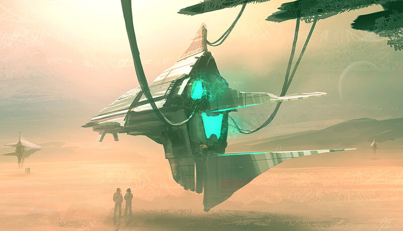 Futuristic Spacecraft — Green, Dramatic, Sunset