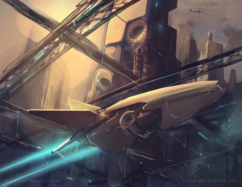 Futuristic spacecraft in a city
