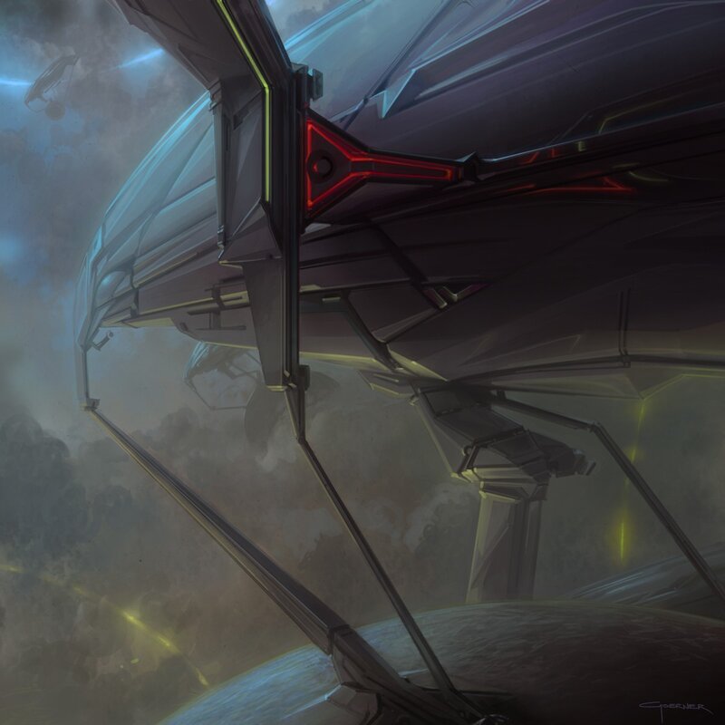 futuristic spacecraft in atmosphere