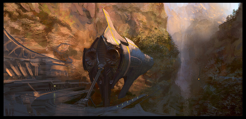 futuristic spacecraft in canyon