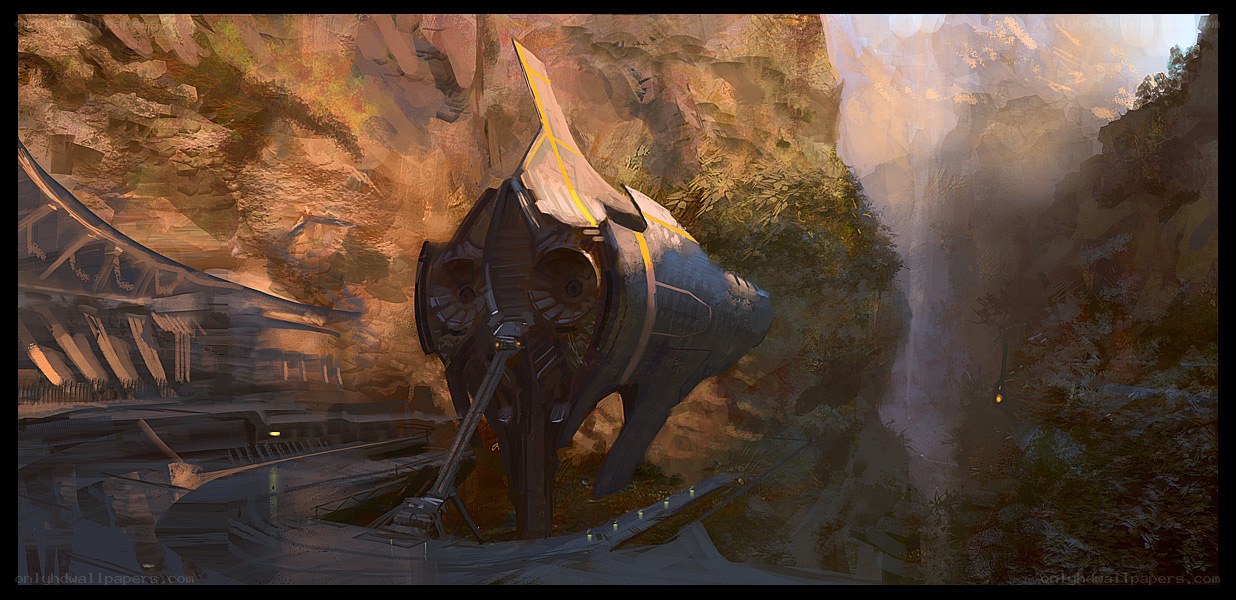 futuristic spacecraft in canyon