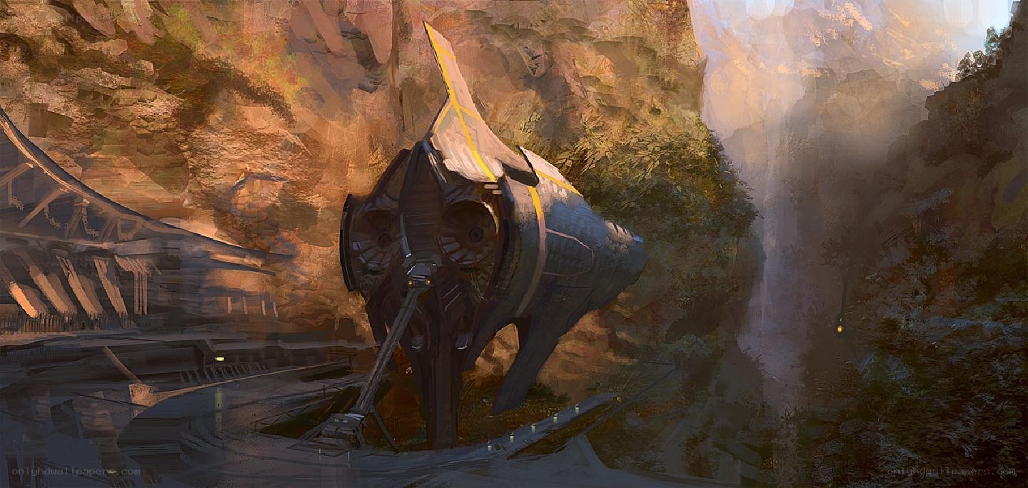 futuristic spacecraft in canyon