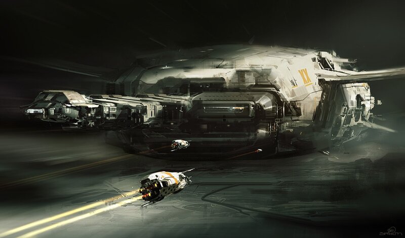 futuristic spacecraft in flight