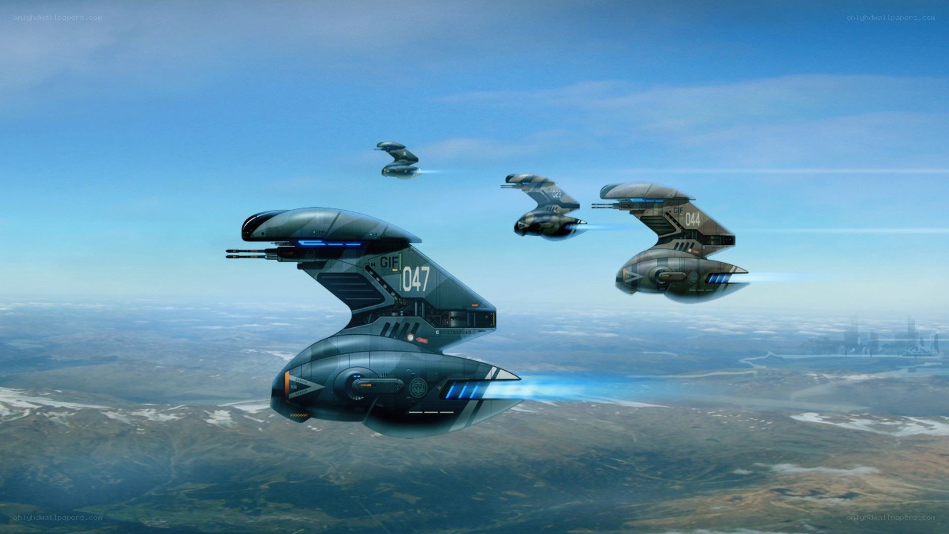 Futuristic spacecraft in formation