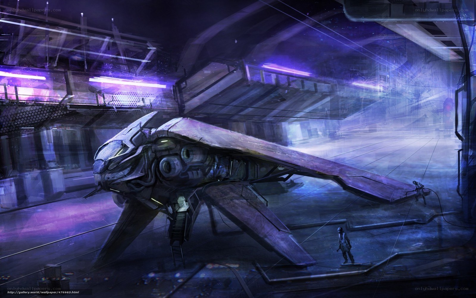 Futuristic spacecraft in hangar