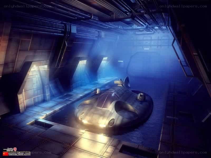 futuristic spacecraft in hangar
