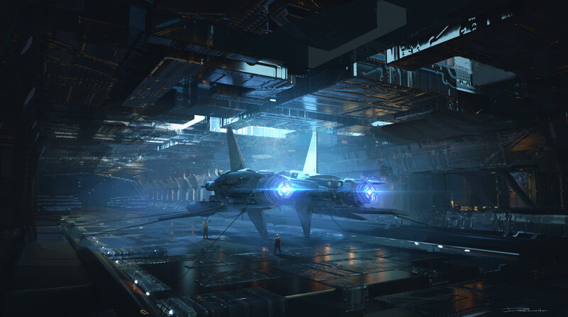 Futuristic Spacecraft in Hangar — Blue