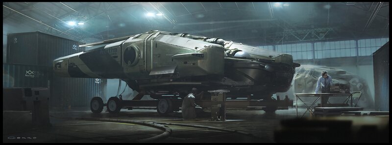 Futuristic Spacecraft in Hangar — Gray, Dramatic