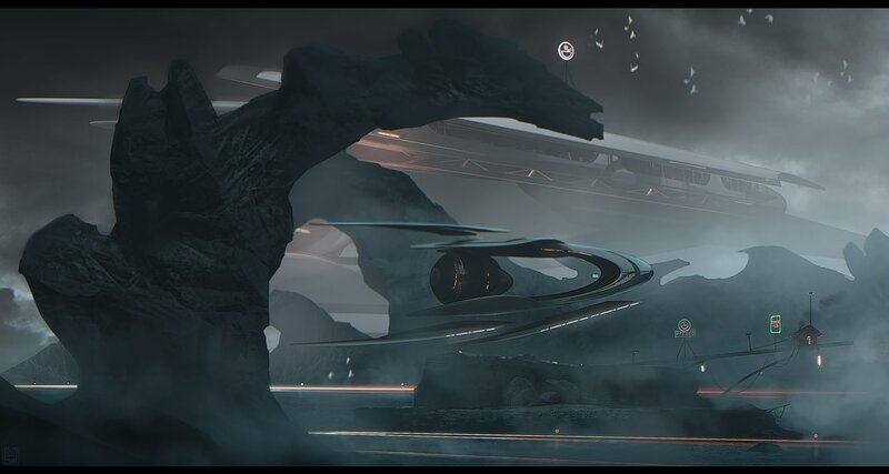futuristic spacecraft in misty landscape