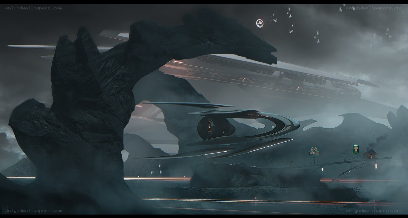 futuristic spacecraft in misty landscape