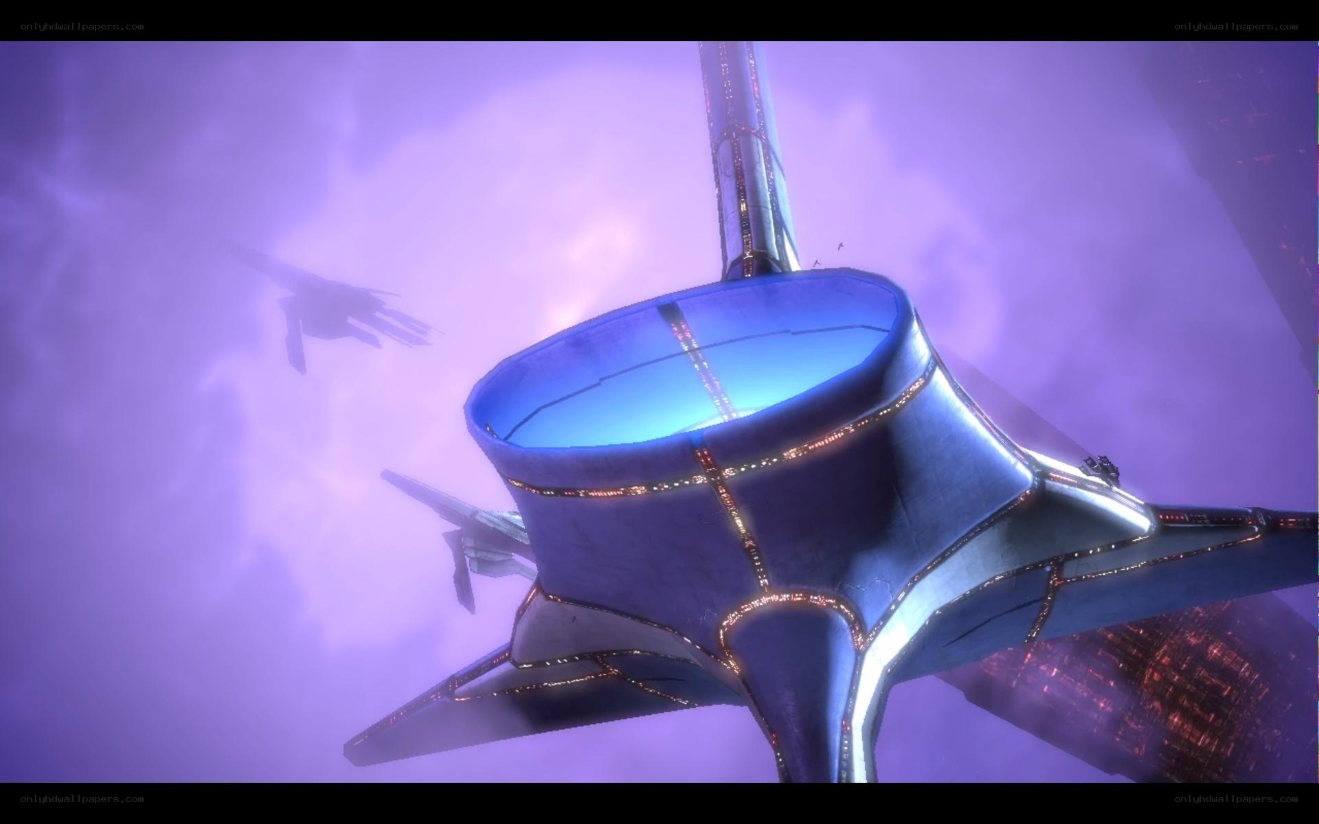 futuristic spacecraft in purple sky
