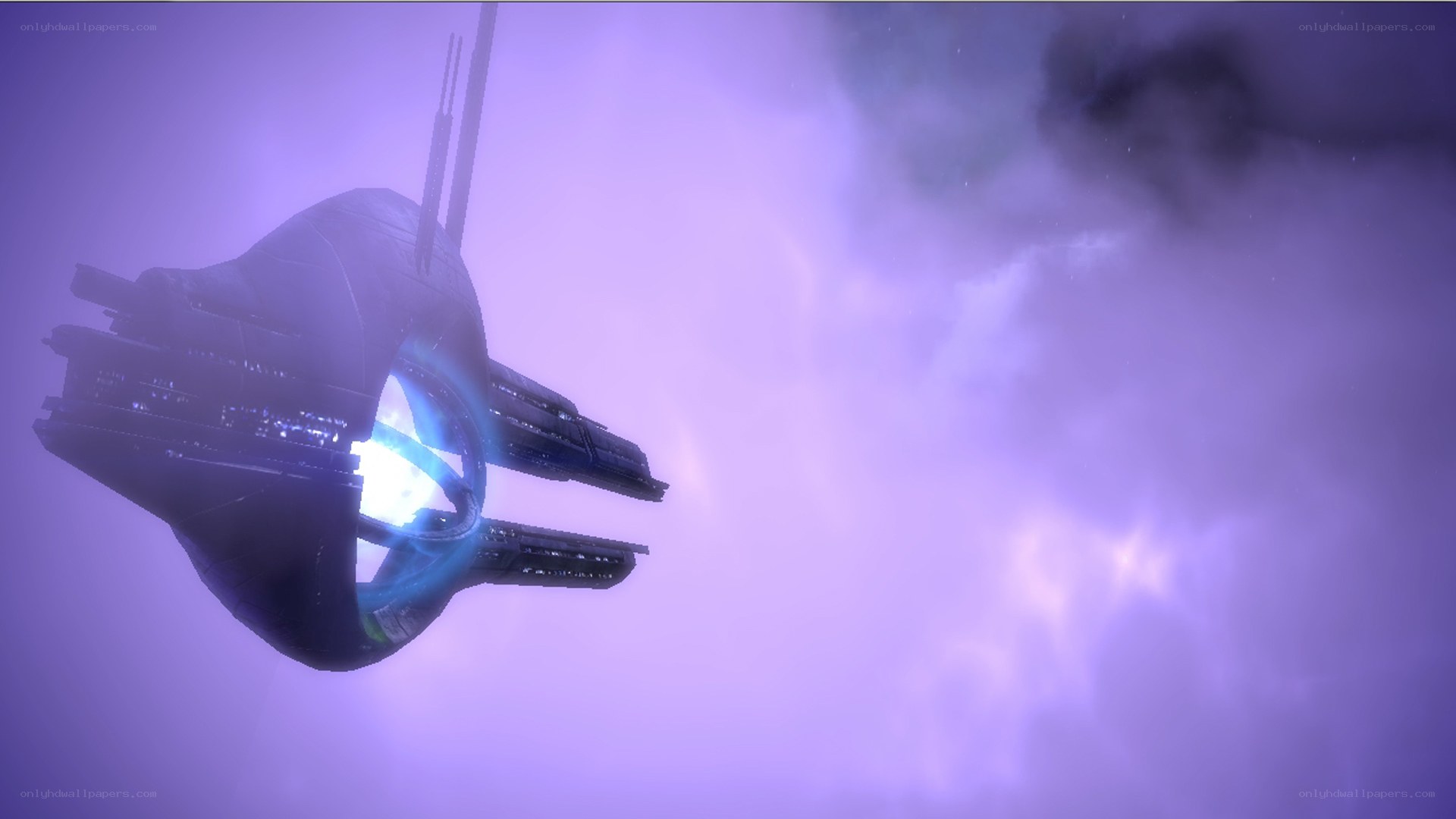 futuristic spacecraft in purple sky