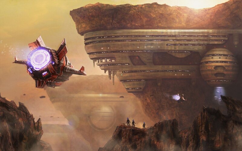 futuristic spacecraft near alien structure