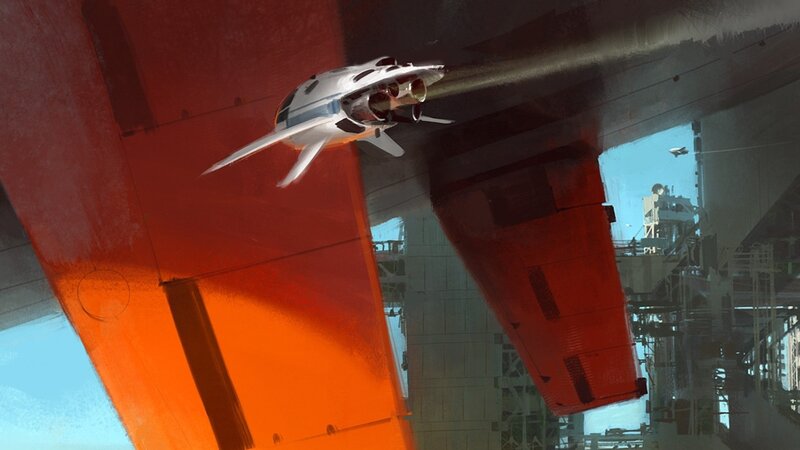 Futuristic spacecraft near large structure