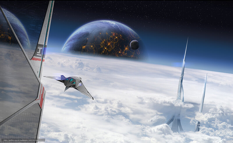 Futuristic spacecraft near planet