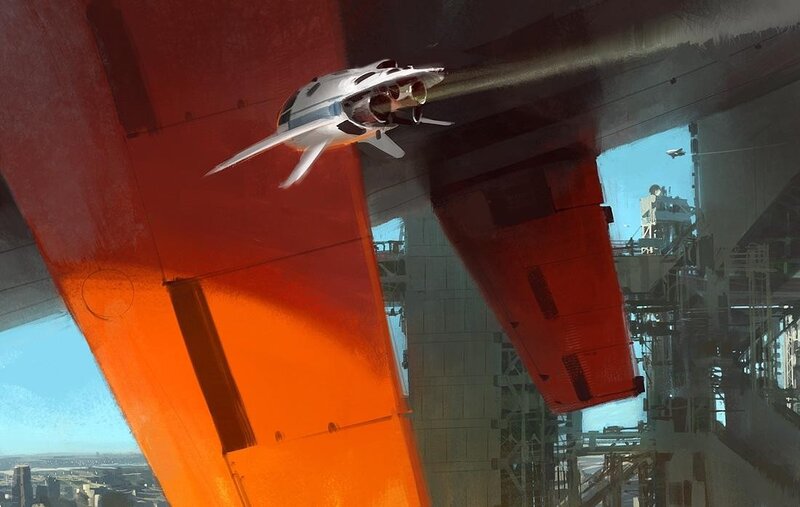 futuristic spacecraft near structure