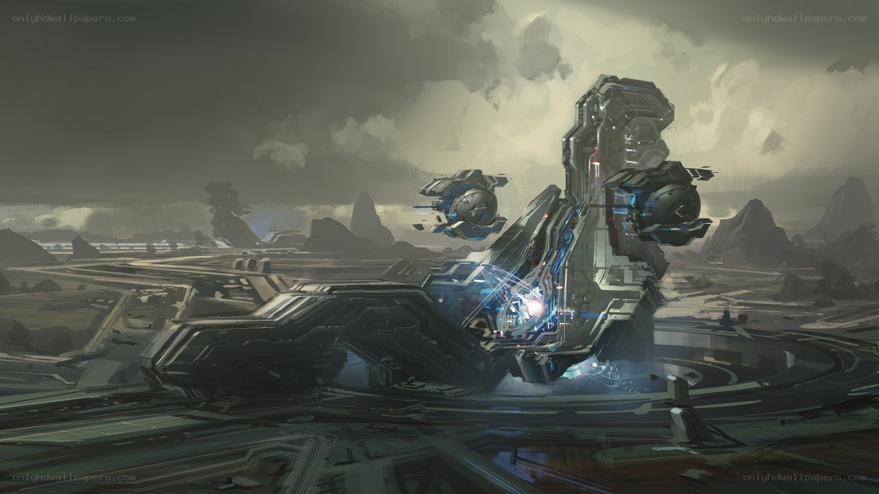 futuristic spacecraft on alien planet