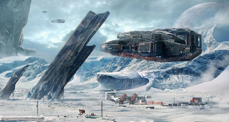 Futuristic spacecraft on alien planet