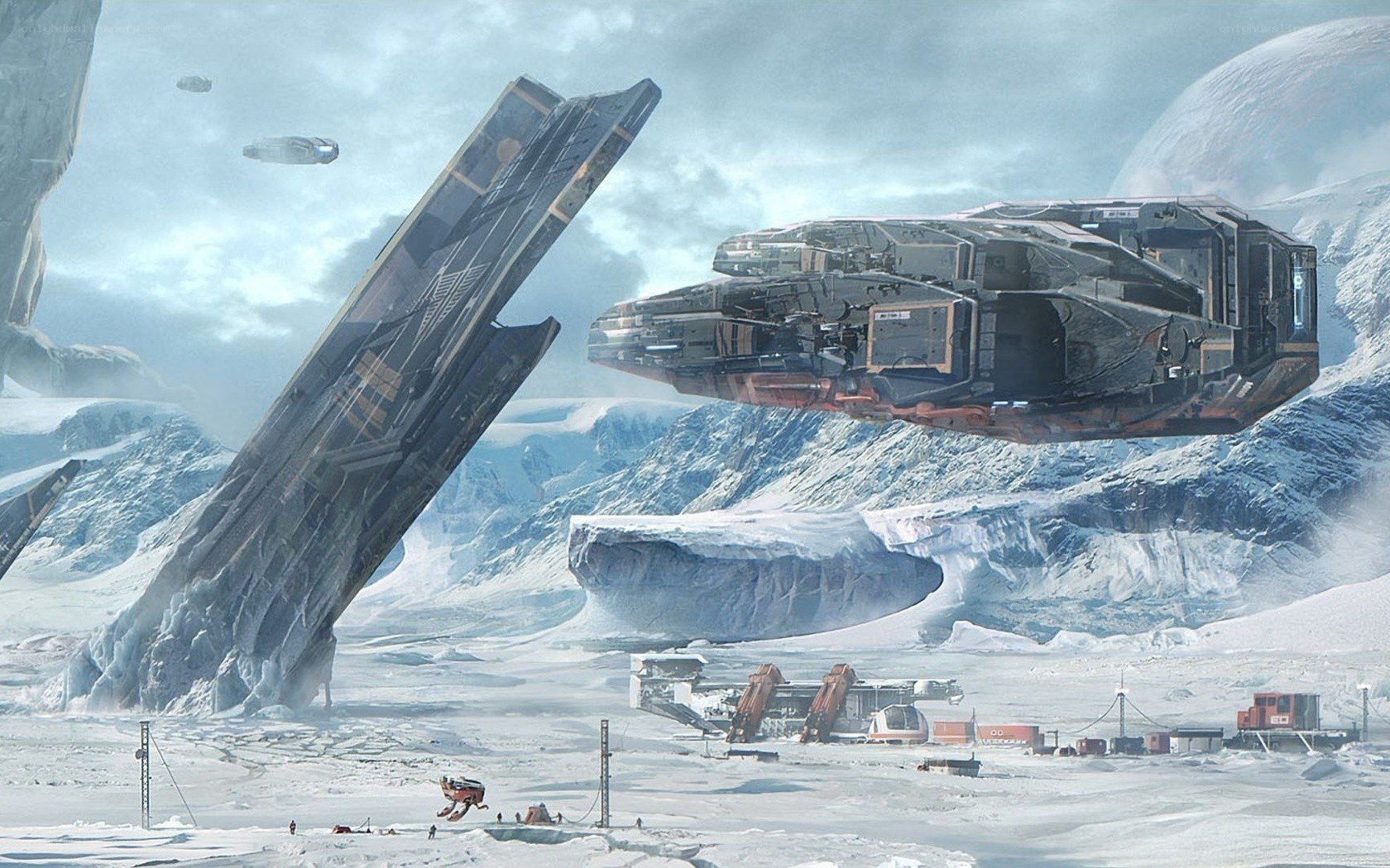 futuristic spacecraft on icy planet