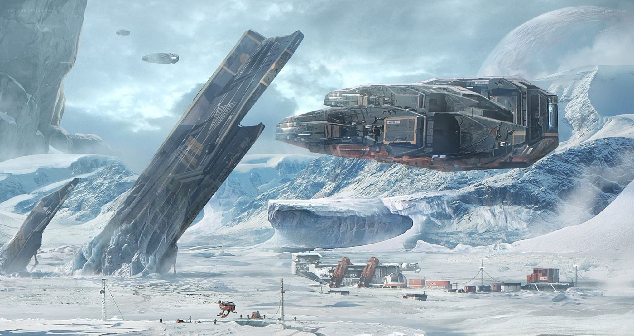 Futuristic spacecraft on icy planet