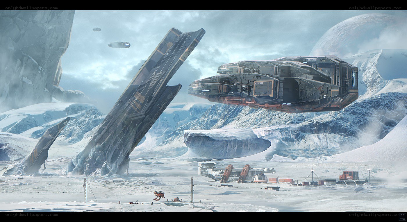 futuristic spacecraft on icy planet