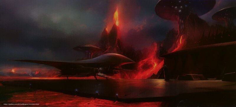 Futuristic spacecraft on volcanic planet