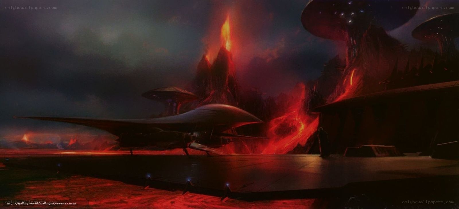 Futuristic spacecraft on volcanic planet