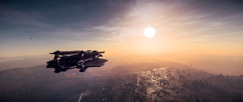 Futuristic Spacecraft — Orange, Dramatic, Sunset, 3d Render, City