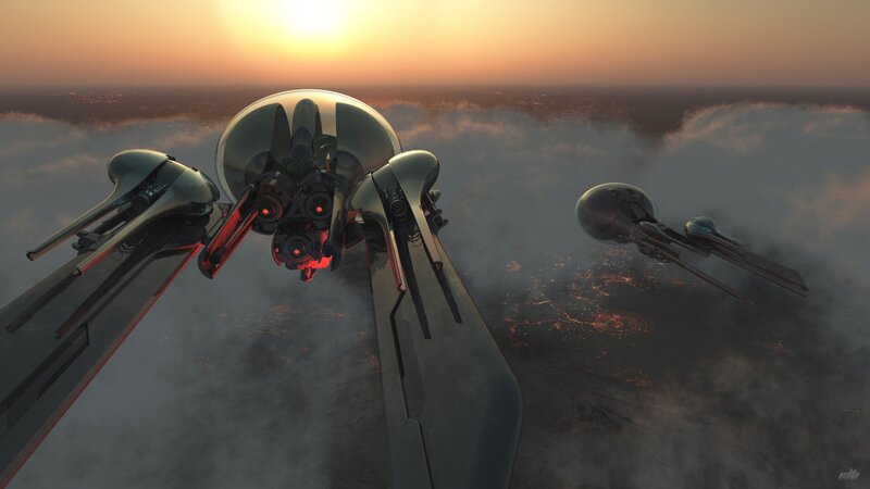 Futuristic Spacecraft — Orange, Dramatic, Sunset, 3d Render