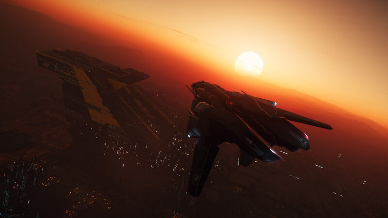 Futuristic Spacecraft — Orange, Dramatic, Sunset, Digital Art, Cityscape