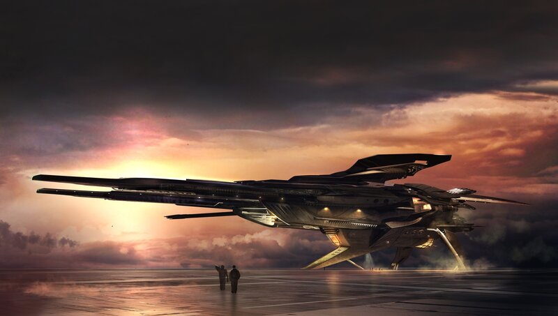 Futuristic Spacecraft — Orange, Dramatic, Sunset, Digital Art, People