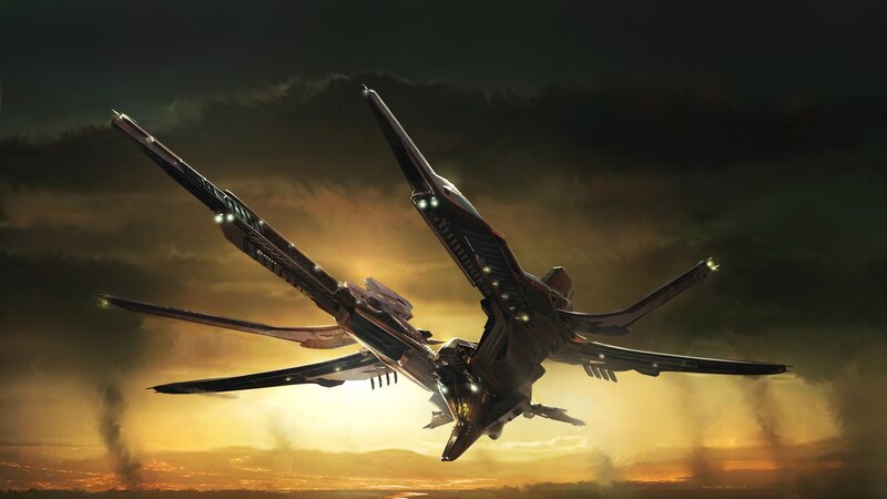 Futuristic Spacecraft — Orange, Dramatic, Sunset, Digital Art, Sky