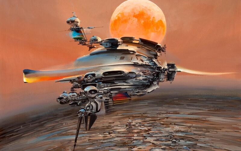 Futuristic Spacecraft — Orange, Dramatic, Sunset, Digital Art
