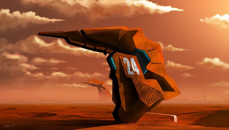 Futuristic Spacecraft — Orange, Dramatic, Sunset