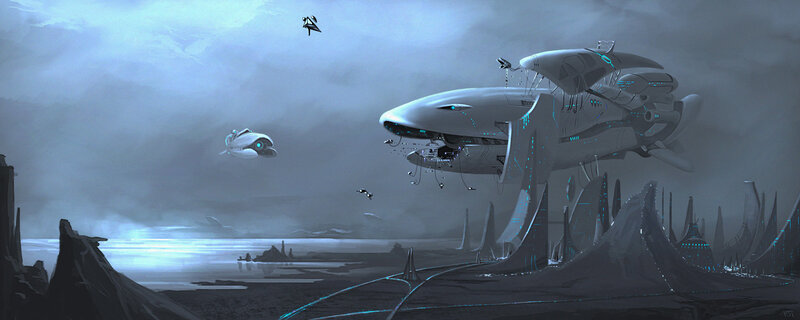 Futuristic spacecraft over alien landscape