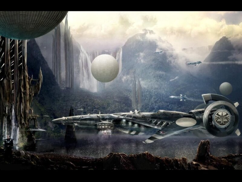 Futuristic spacecraft over alien landscape