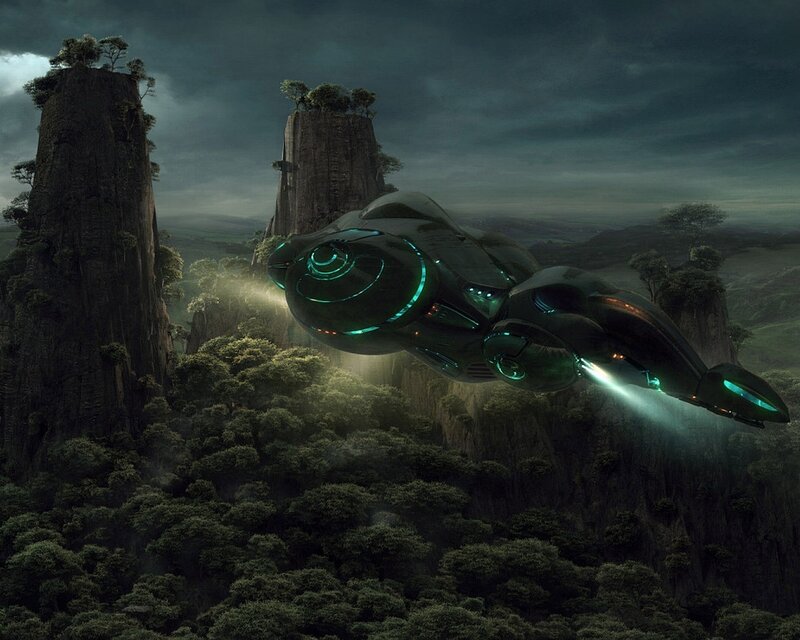 futuristic spacecraft over alien landscape