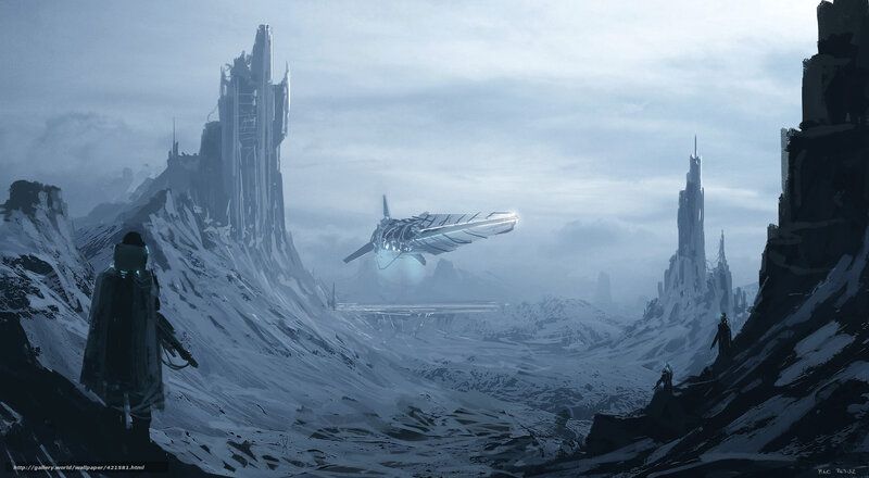 Futuristic spacecraft over alien landscape