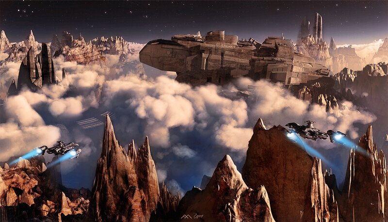 Futuristic spacecraft over alien mountains