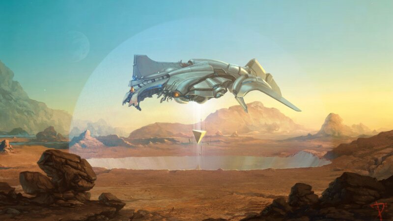Futuristic spacecraft over alien planet