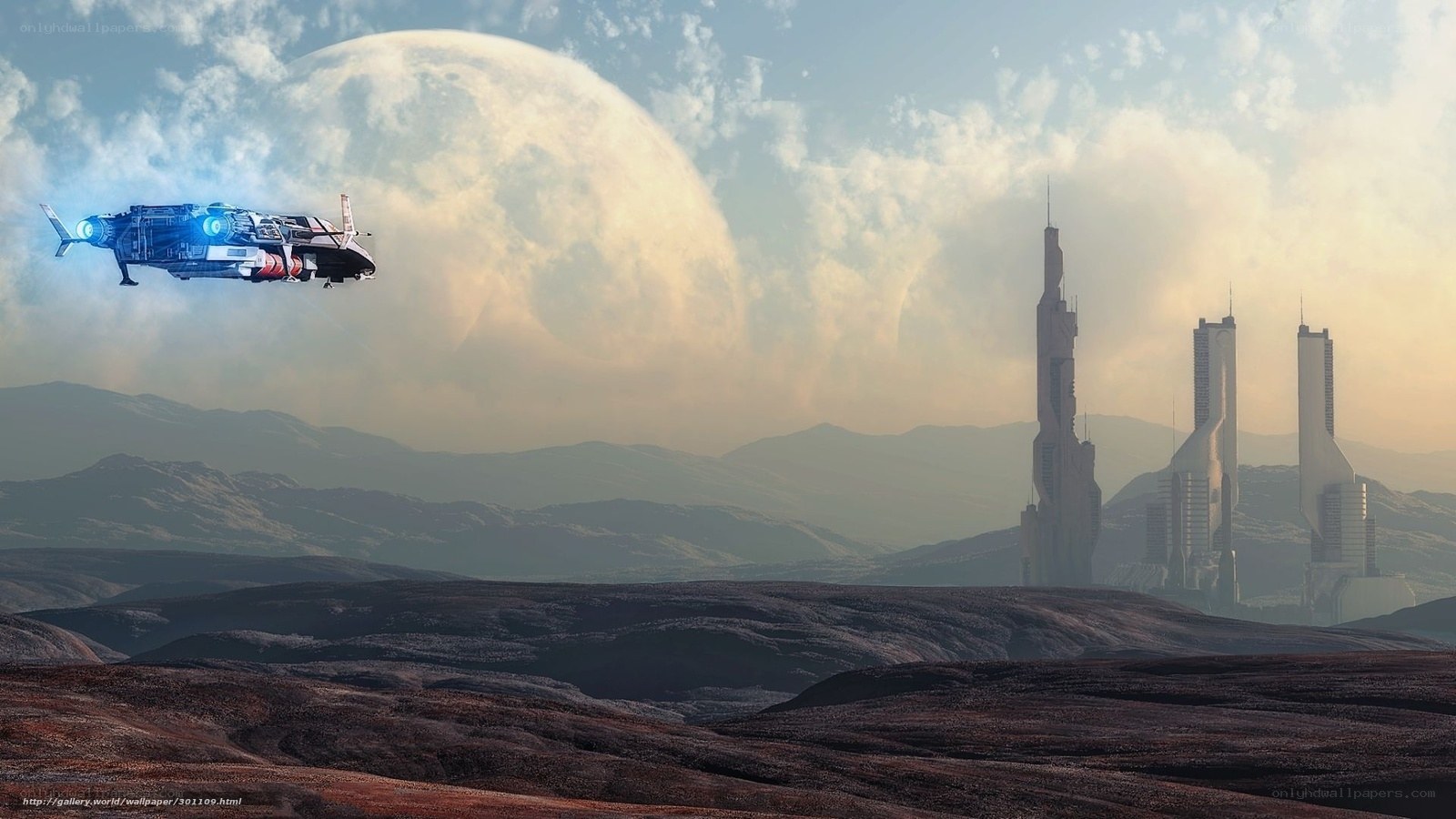 Futuristic spacecraft over alien planet