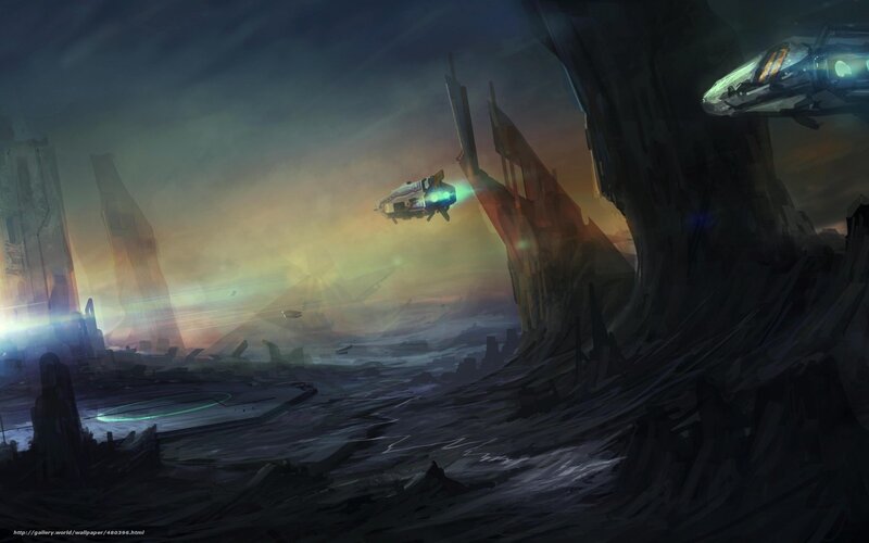 futuristic spacecraft over alien ruins