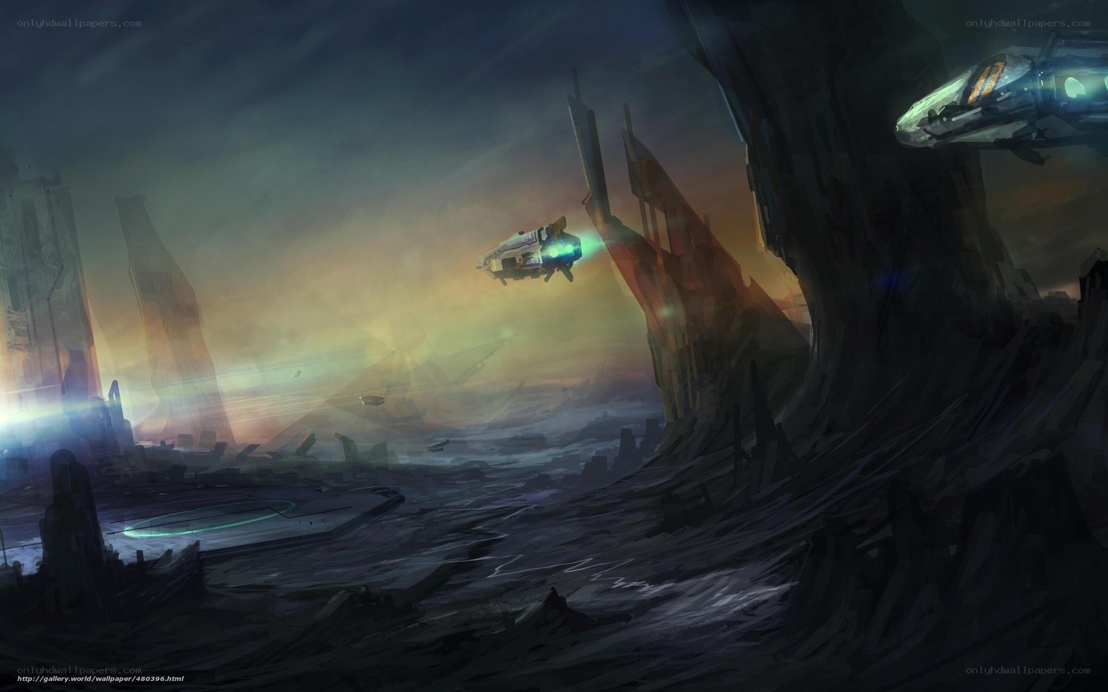 futuristic spacecraft over alien ruins