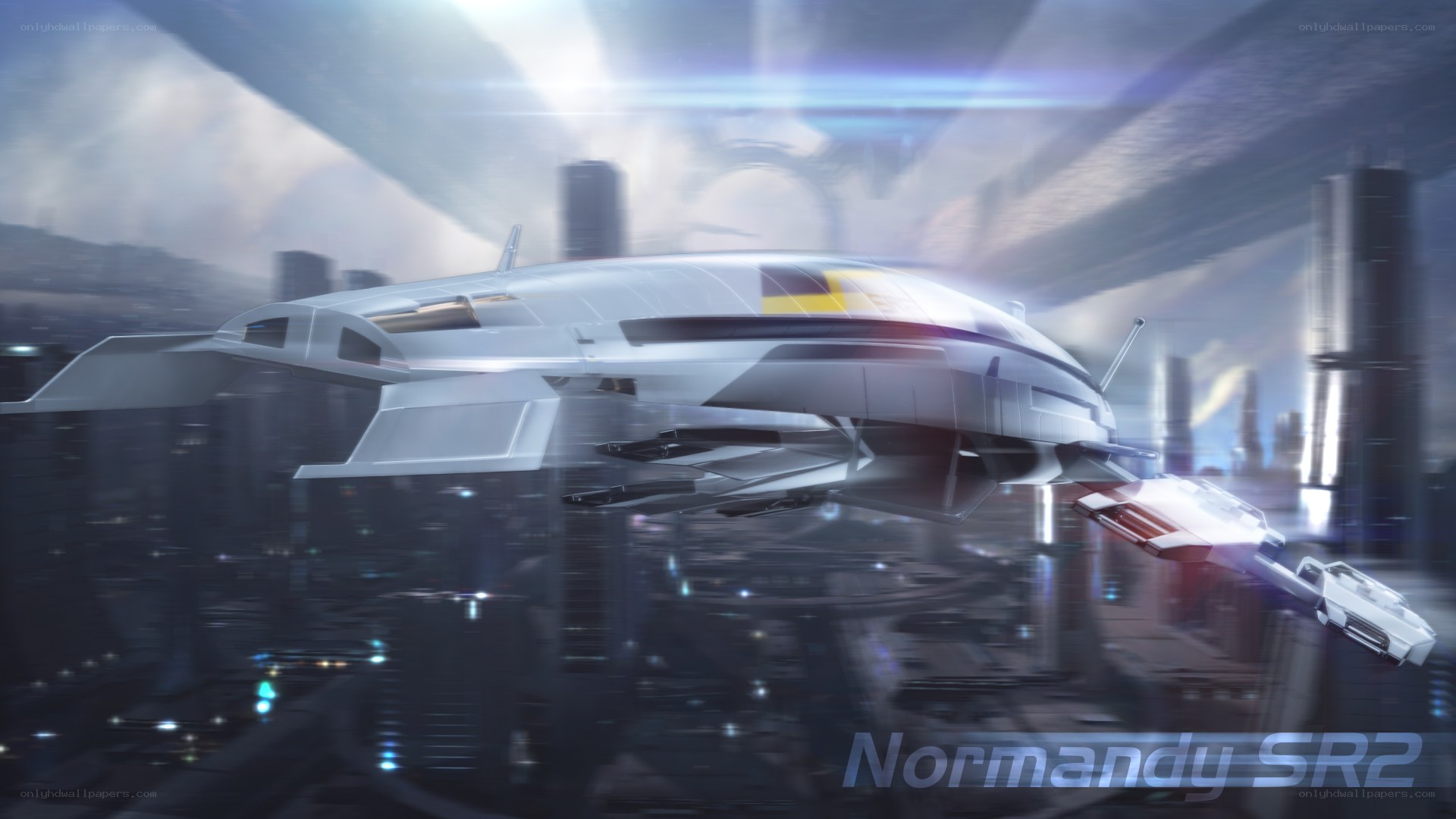 Futuristic spacecraft over city