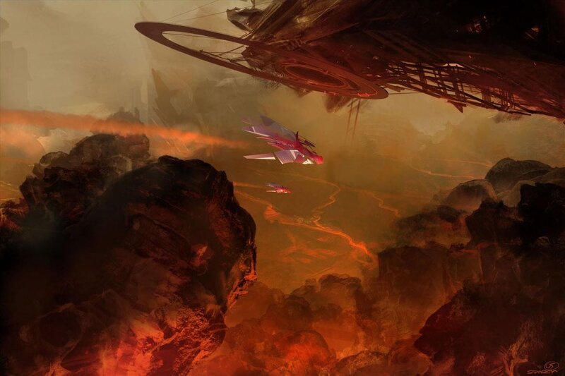 Futuristic spacecraft over lava planet