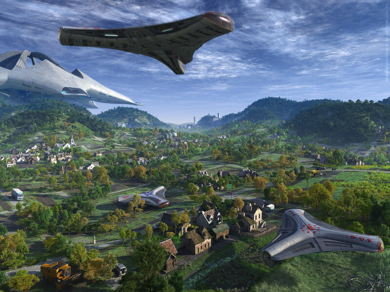 Futuristic Spacecraft over Village