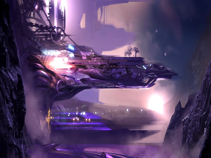 Futuristic Spacecraft — Purple, Dramatic, Night, Digital Art, Cave