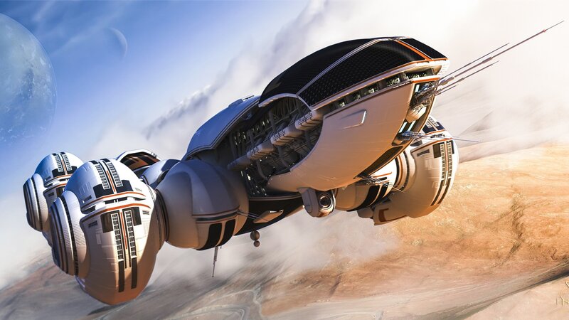 Futuristic Spacecraft — White, Dramatic, Digital Art, Planet
